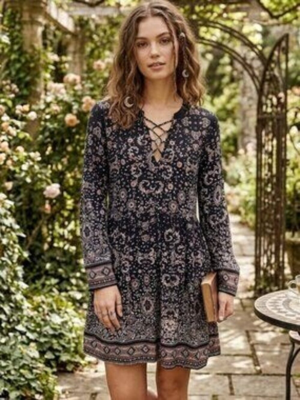 Altar'd State Blue Floral Boho Long Sleeve Mini Dress, Size M